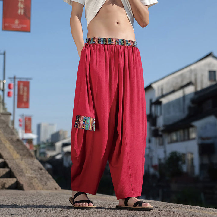 Buddha Stonesシンプル パッチワークデザイン ドローストリング コットン メンズ ワイドレッグパンツ ポケット付き