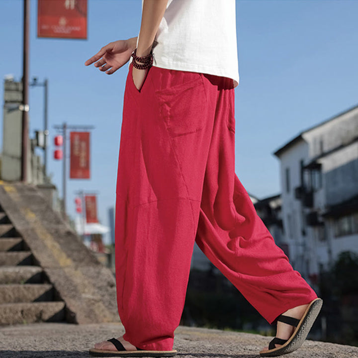 Buddha Stonesシンプル パッチワークデザイン ドローストリング コットン メンズ ワイドレッグパンツ ポケット付き