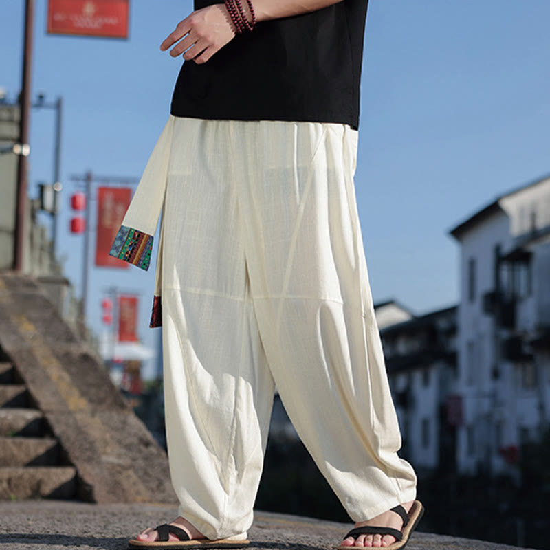 Buddha Stonesシンプル パッチワークデザイン ドローストリング コットン メンズ ワイドレッグパンツ ポケット付き