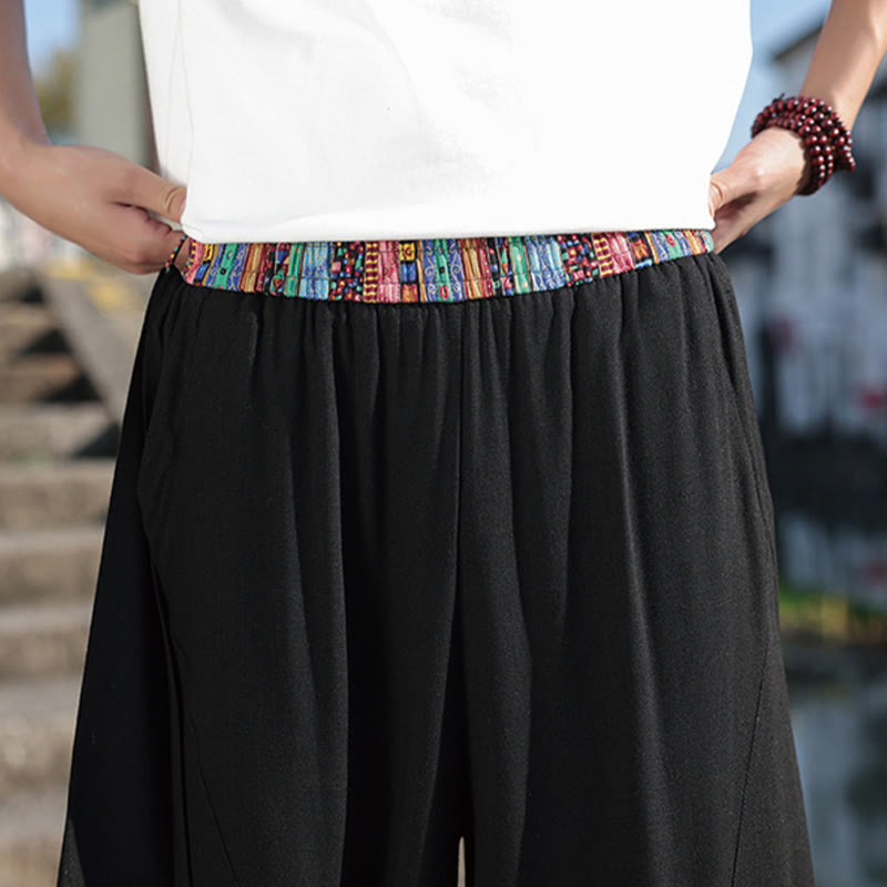 Buddha Stonesシンプル パッチワークデザイン ドローストリング コットン メンズ ワイドレッグパンツ ポケット付き - image 10