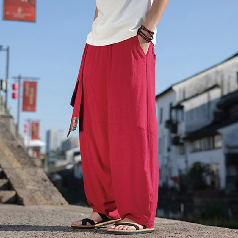 Buddha Stonesシンプル パッチワークデザイン ドローストリング コットン メンズ ワイドレッグパンツ ポケット付き