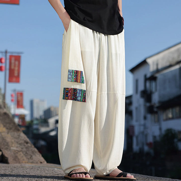 Buddha Stonesシンプル パッチワークデザイン ドローストリング コットン メンズ ワイドレッグパンツ ポケット付き