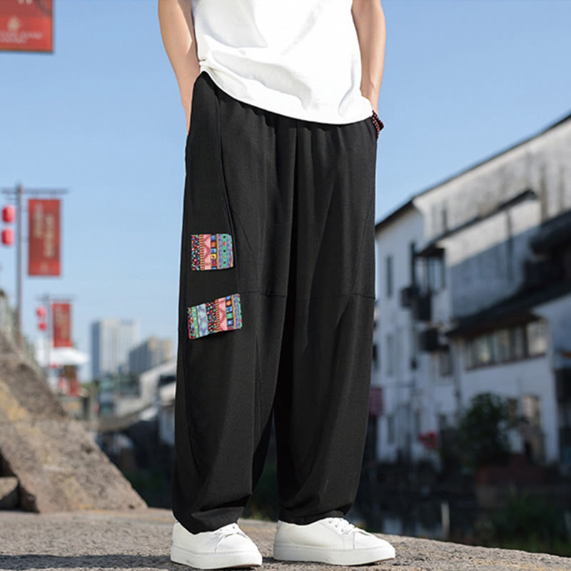 Buddha Stonesシンプル パッチワークデザイン ドローストリング コットン メンズ ワイドレッグパンツ ポケット付き
