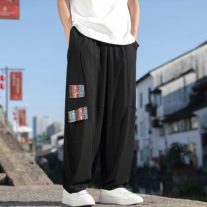 Buddha Stonesシンプル パッチワークデザイン ドローストリング コットン メンズ ワイドレッグパンツ ポケット付き