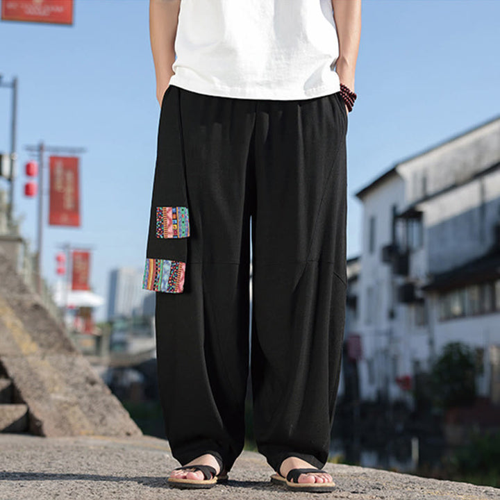 Buddha Stonesシンプル パッチワークデザイン ドローストリング コットン メンズ ワイドレッグパンツ ポケット付き