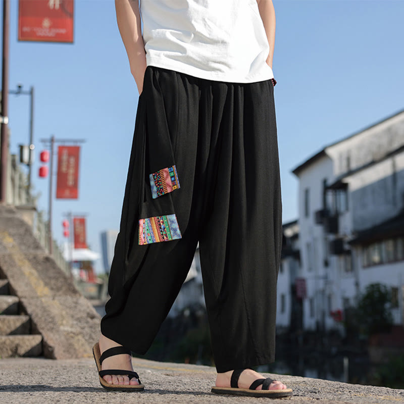 Buddha Stonesシンプル パッチワークデザイン ドローストリング コットン メンズ ワイドレッグパンツ ポケット付き