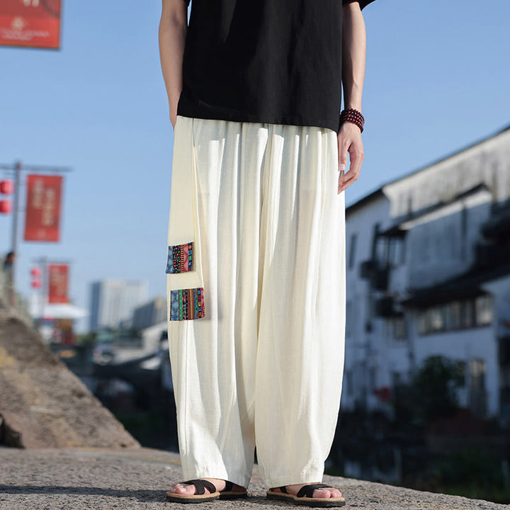 Buddha Stonesシンプル パッチワークデザイン ドローストリング コットン メンズ ワイドレッグパンツ ポケット付き