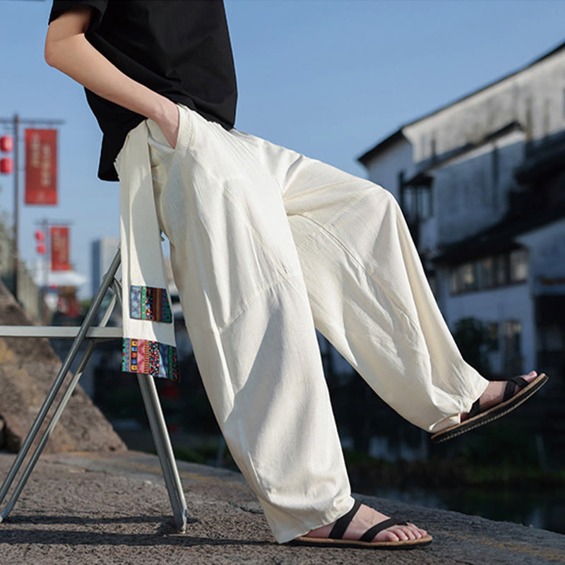 Buddha Stonesシンプル パッチワークデザイン ドローストリング コットン メンズ ワイドレッグパンツ ポケット付き