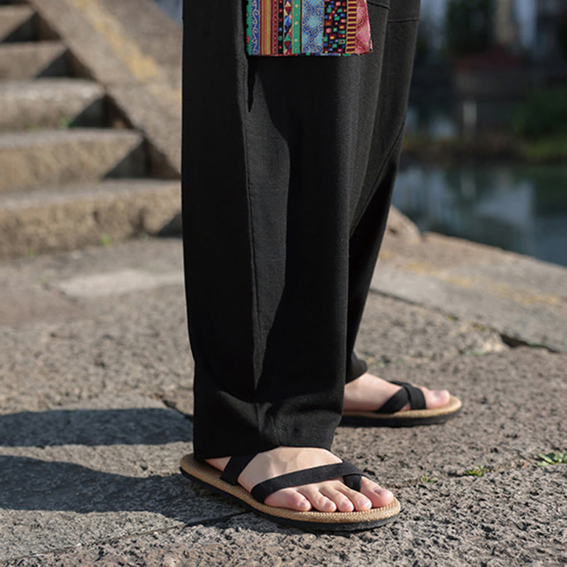 Buddha Stonesシンプル パッチワークデザイン ドローストリング コットン メンズ ワイドレッグパンツ ポケット付き
