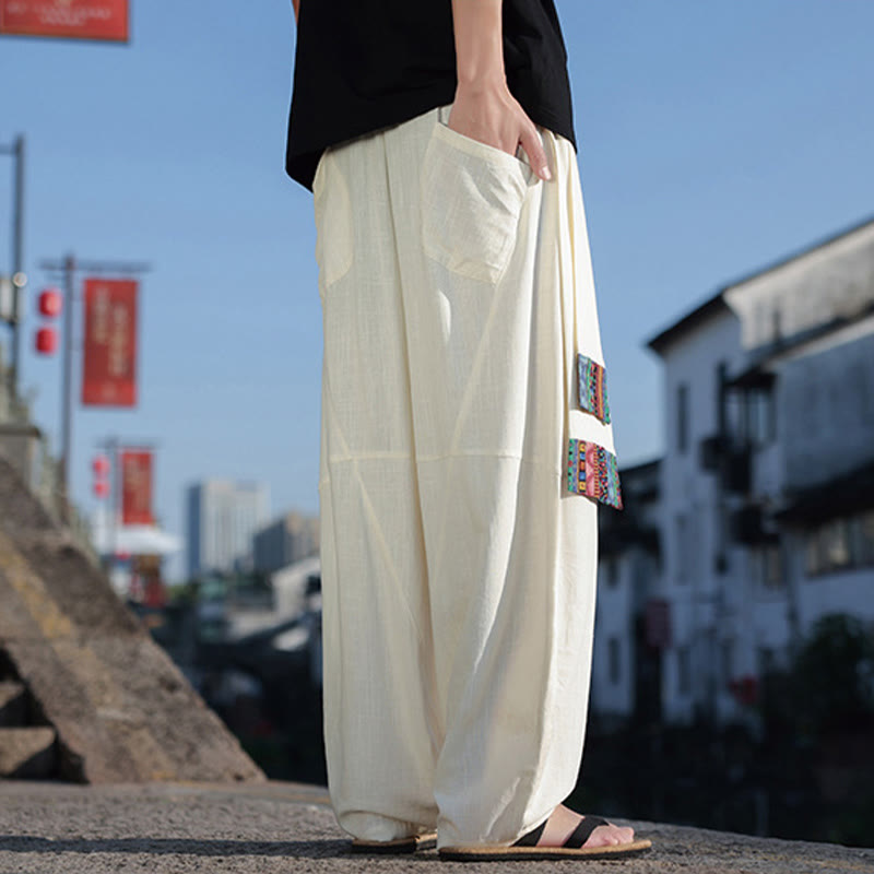 Buddha Stonesシンプル パッチワークデザイン ドローストリング コットン メンズ ワイドレッグパンツ ポケット付き