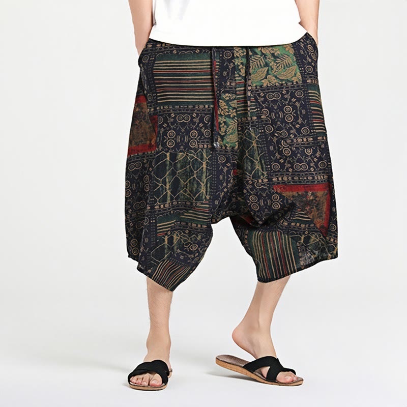 Buddha Stonesエスニック柄ドローストリング7-8丈コットンメンズハーレムパンツポケット付き
