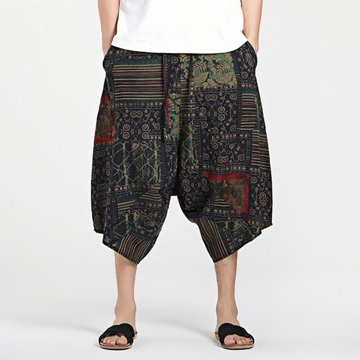 Buddha Stonesエスニック柄ドローストリング7-8丈コットンメンズハーレムパンツポケット付き