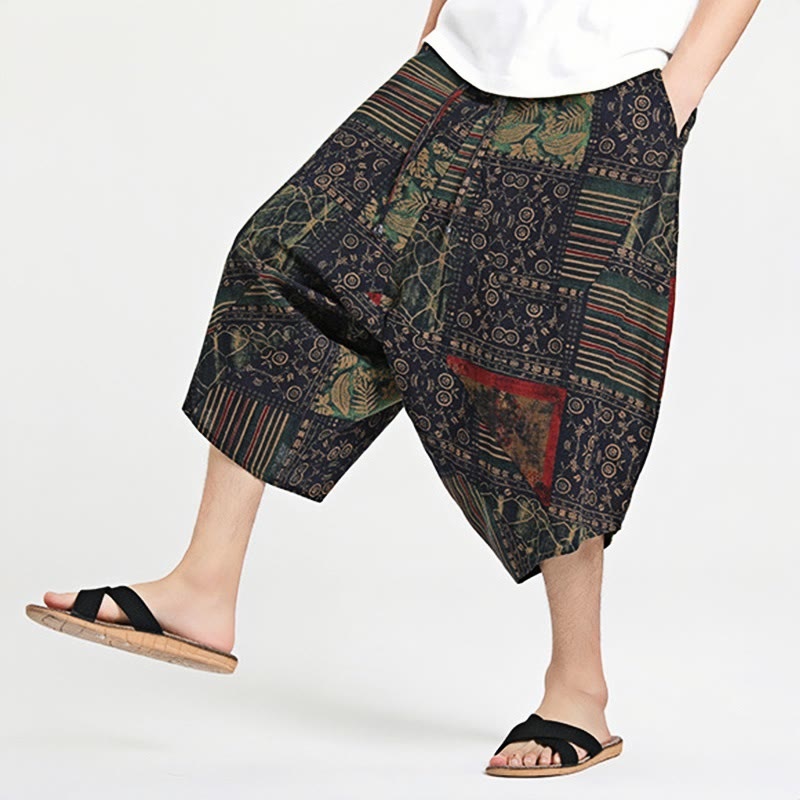 Buddha Stonesエスニック柄ドローストリング7-8丈コットンメンズハーレムパンツポケット付き
