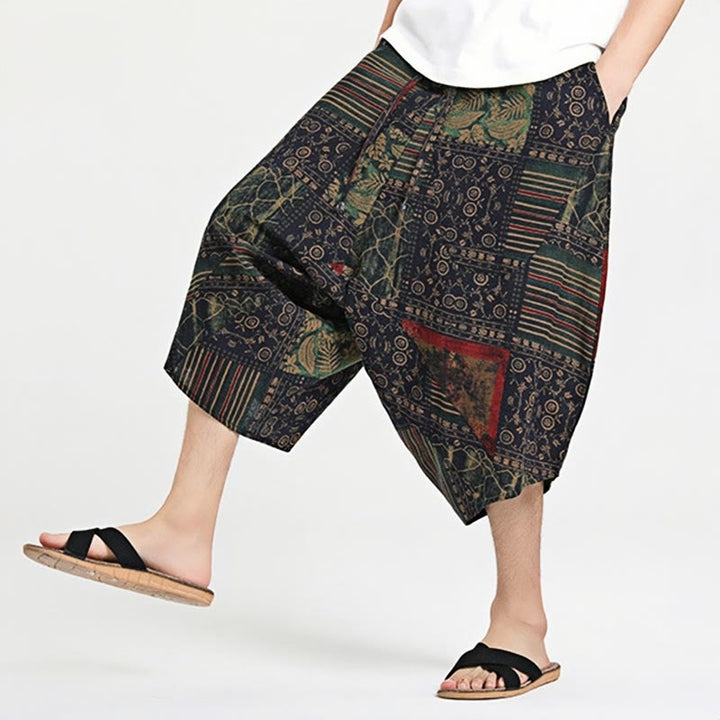 Buddha Stonesエスニック柄ドローストリング7-8丈コットンメンズハーレムパンツポケット付き