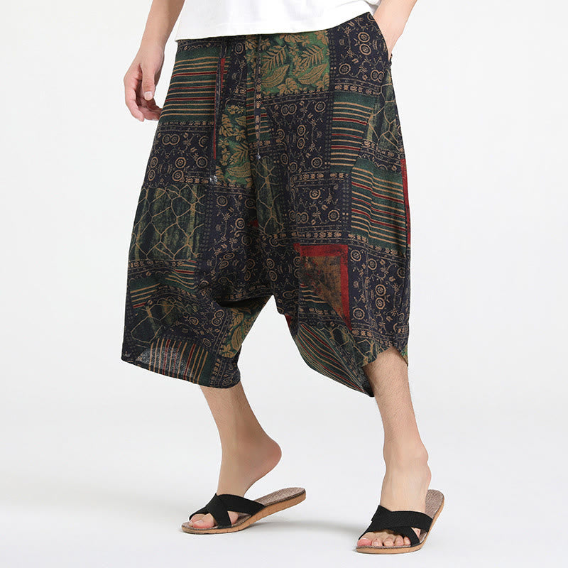 Buddha Stonesエスニック柄ドローストリング7-8丈コットンメンズハーレムパンツポケット付き