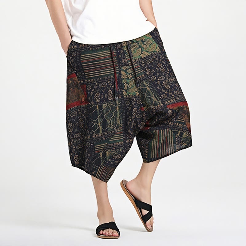 Buddha Stonesエスニック柄ドローストリング7-8丈コットンメンズハーレムパンツポケット付き