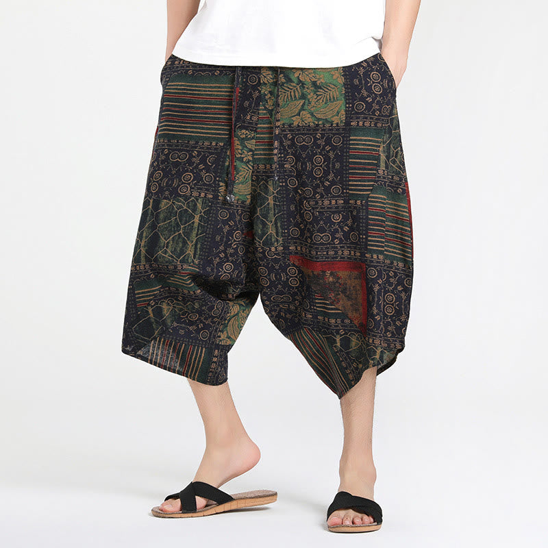 Buddha Stonesエスニック柄ドローストリング7-8丈コットンメンズハーレムパンツポケット付き