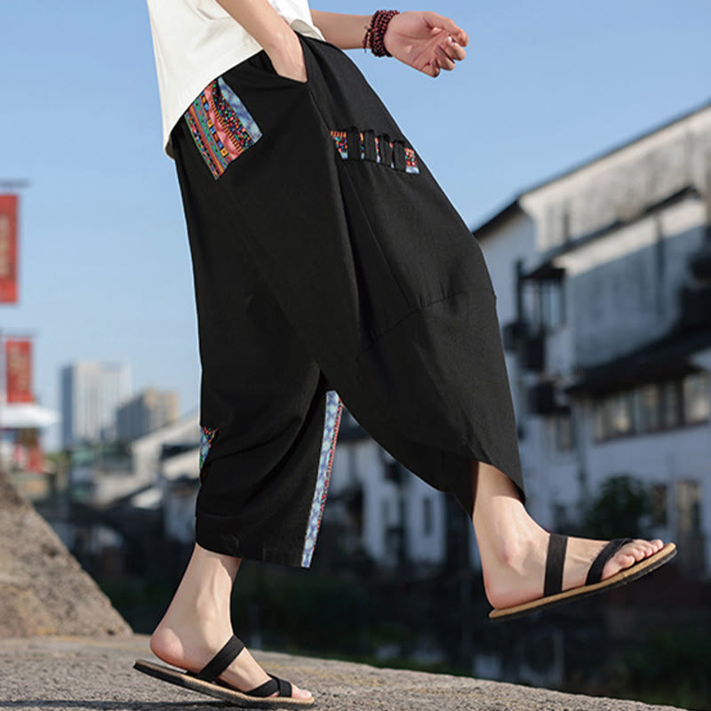 Buddha Stonesボヘミアン パッチワーク柄 コットン ドローストリング メンズ ワイドレッグパンツ ポケット付き