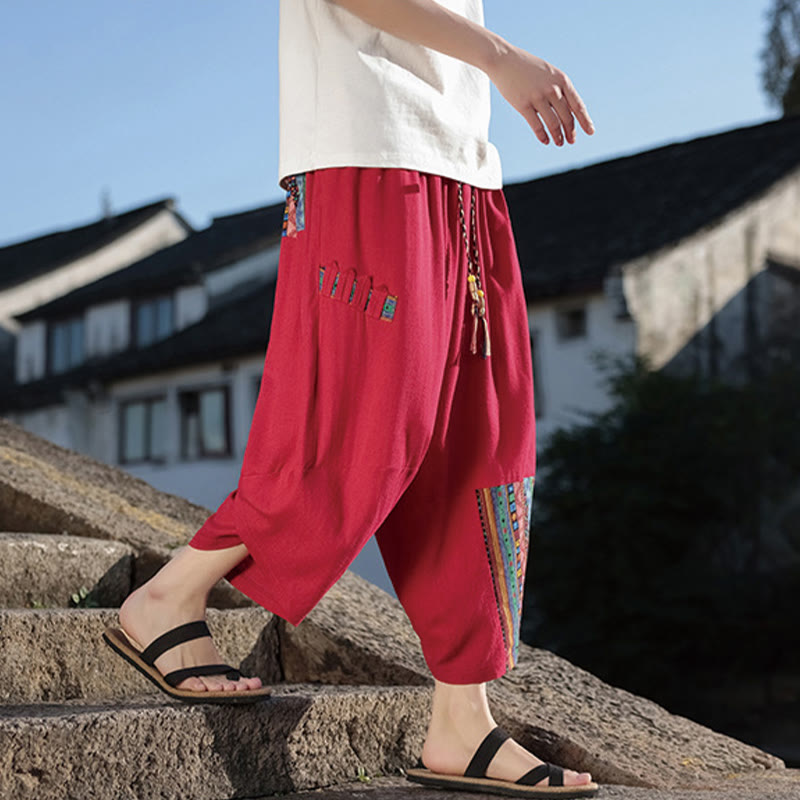 Buddha Stonesボヘミアン パッチワーク柄 コットン ドローストリング メンズ ワイドレッグパンツ ポケット付き