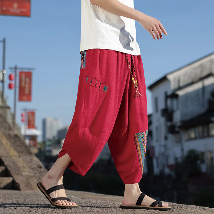Buddha Stonesボヘミアン パッチワーク柄 コットン ドローストリング メンズ ワイドレッグパンツ ポケット付き