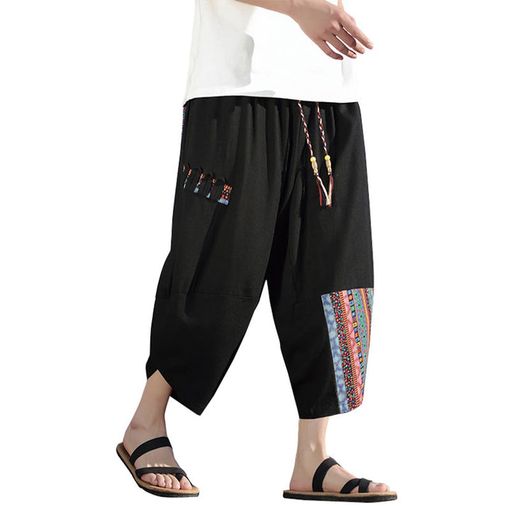 Buddha Stonesボヘミアン パッチワーク柄 コットン ドローストリング メンズ ワイドレッグパンツ ポケット付き