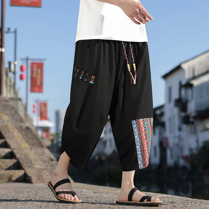 Buddha Stonesボヘミアン パッチワーク柄 コットン ドローストリング メンズ ワイドレッグパンツ ポケット付き