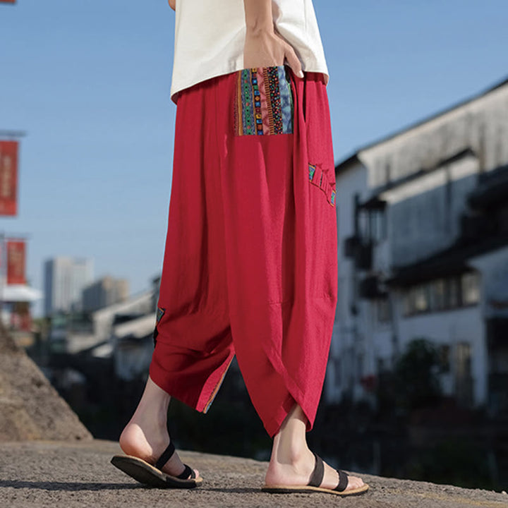 Buddha Stonesボヘミアン パッチワーク柄 コットン ドローストリング メンズ ワイドレッグパンツ ポケット付き
