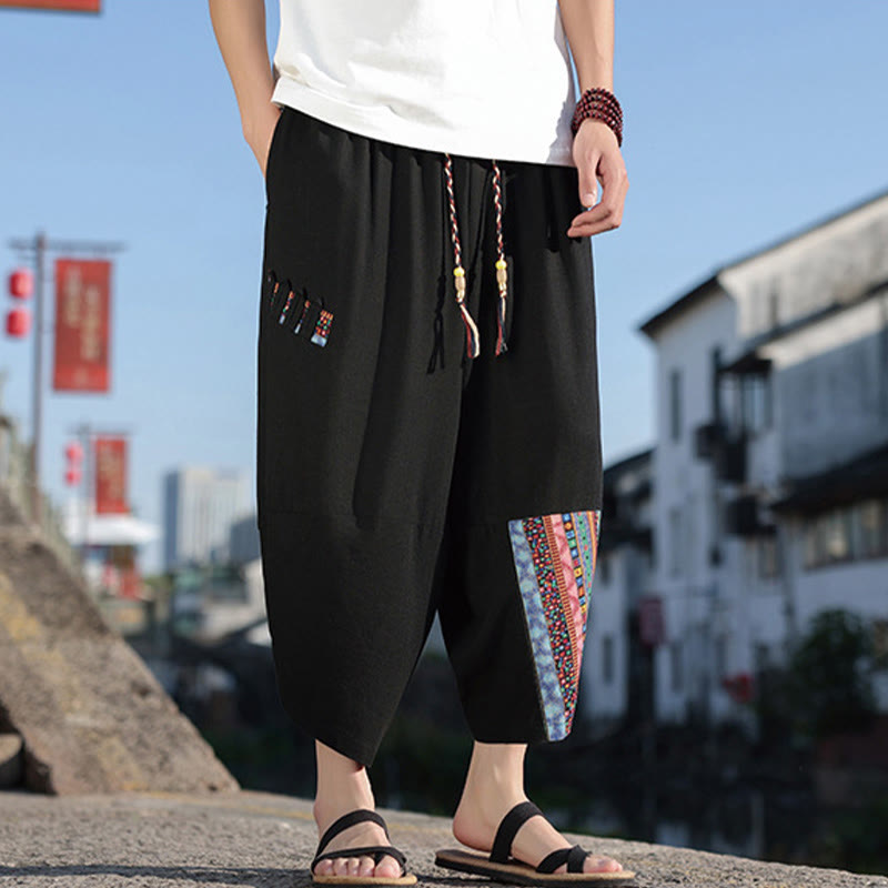 Buddha Stonesボヘミアン パッチワーク柄 コットン ドローストリング メンズ ワイドレッグパンツ ポケット付き