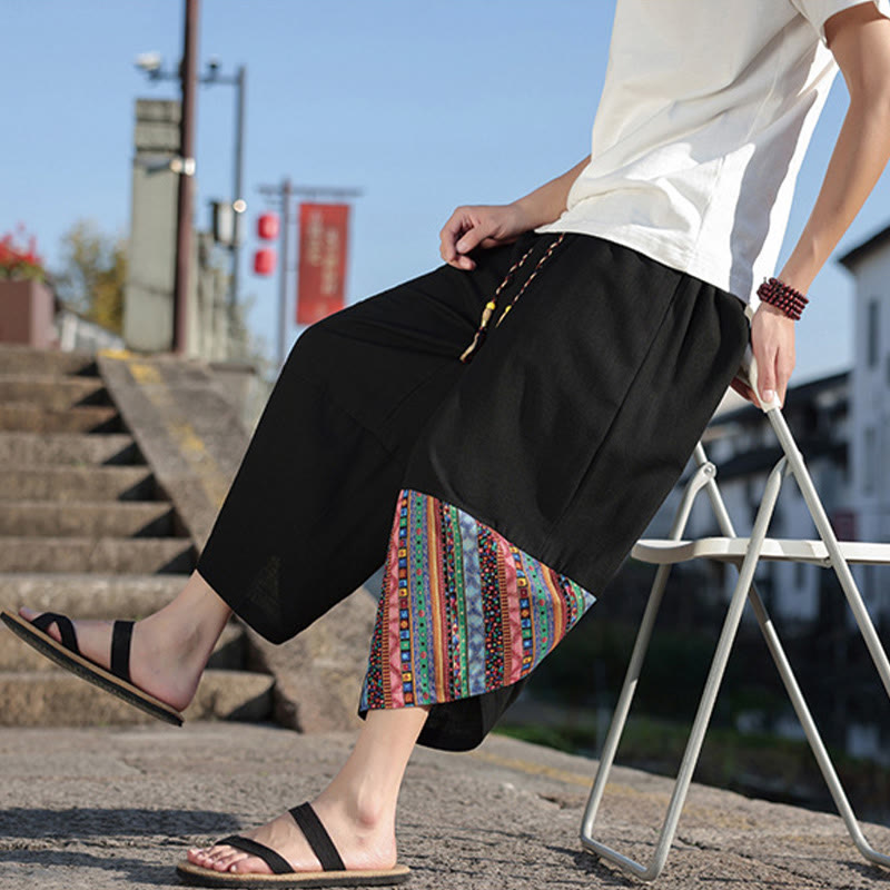 Buddha Stonesボヘミアン パッチワーク柄 コットン ドローストリング メンズ ワイドレッグパンツ ポケット付き
