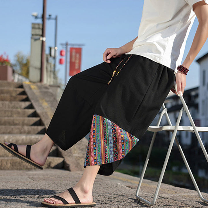 Buddha Stonesボヘミアン パッチワーク柄 コットン ドローストリング メンズ ワイドレッグパンツ ポケット付き
