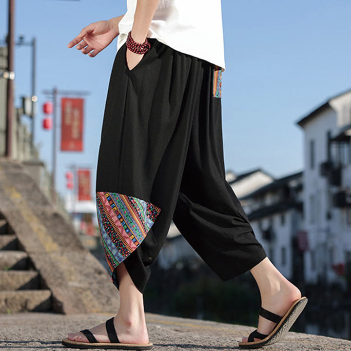 Buddha Stonesボヘミアン パッチワーク柄 コットン ドローストリング メンズ ワイドレッグパンツ ポケット付き