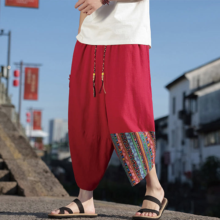 Buddha Stonesボヘミアン パッチワーク柄 コットン ドローストリング メンズ ワイドレッグパンツ ポケット付き