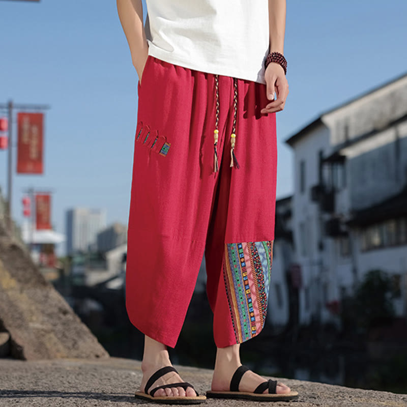 Buddha Stonesボヘミアン パッチワーク柄 コットン ドローストリング メンズ ワイドレッグパンツ ポケット付き