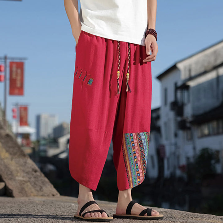 Buddha Stonesボヘミアン パッチワーク柄 コットン ドローストリング メンズ ワイドレッグパンツ ポケット付き