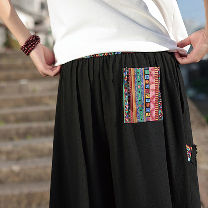 Buddha Stonesボヘミアン パッチワーク柄 コットン ドローストリング メンズ ワイドレッグパンツ ポケット付き