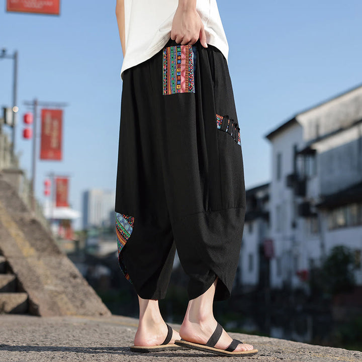 Buddha Stonesボヘミアン パッチワーク柄 コットン ドローストリング メンズ ワイドレッグパンツ ポケット付き