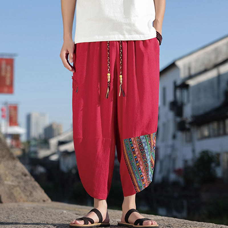 Buddha Stonesボヘミアン パッチワーク柄 コットン ドローストリング メンズ ワイドレッグパンツ ポケット付き