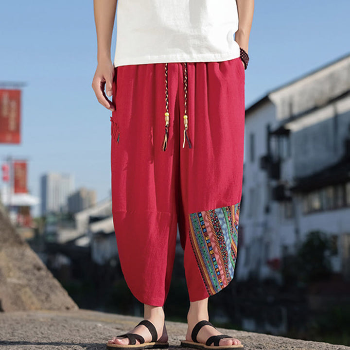 Buddha Stonesボヘミアン パッチワーク柄 コットン ドローストリング メンズ ワイドレッグパンツ ポケット付き