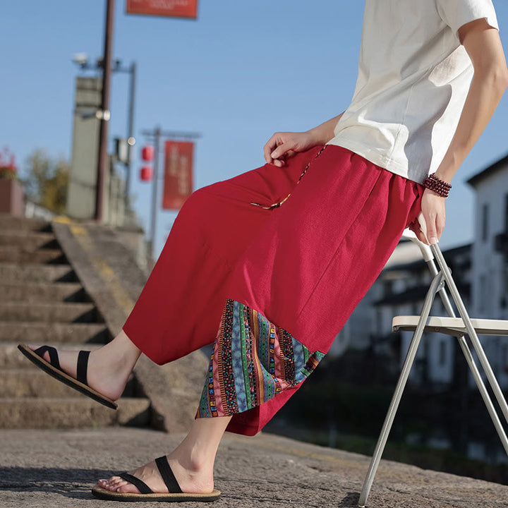 Buddha Stonesボヘミアン パッチワーク柄 コットン ドローストリング メンズ ワイドレッグパンツ ポケット付き