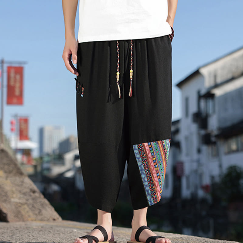 Buddha Stonesボヘミアン パッチワーク柄 コットン ドローストリング メンズ ワイドレッグパンツ ポケット付き