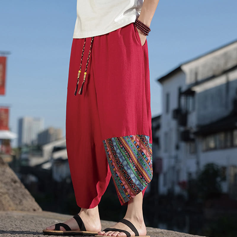 Buddha Stonesボヘミアン パッチワーク柄 コットン ドローストリング メンズ ワイドレッグパンツ ポケット付き