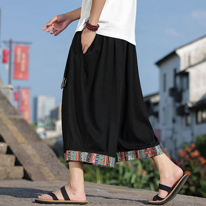 Buddha Stones夏 エスニック 7-8丈 クロップド丈 コットン メンズ ワイドレッグパンツ ポケット付き
