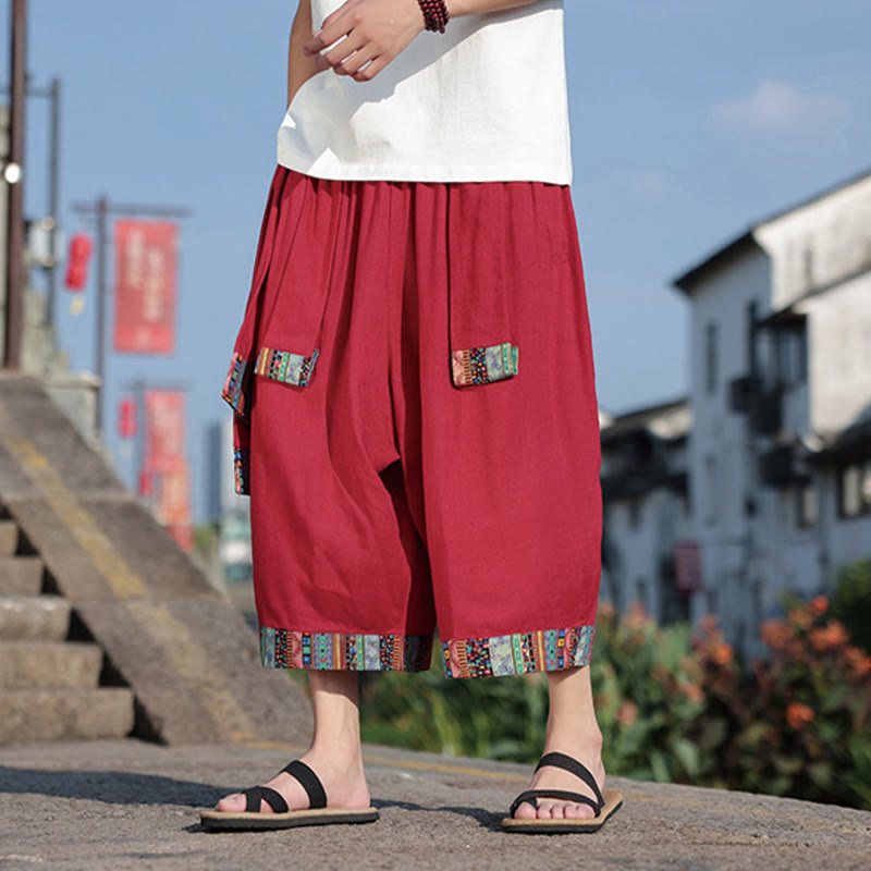 Buddha Stones夏 エスニック 7-8丈 クロップド丈 コットン メンズ ワイドレッグパンツ ポケット付き