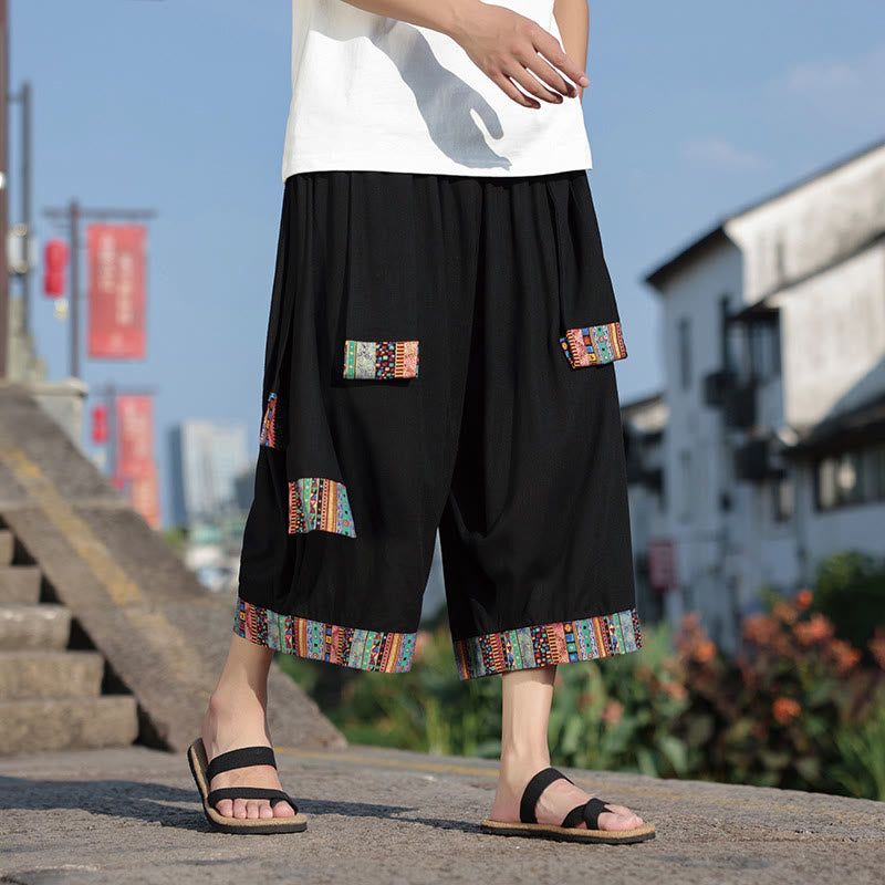 Buddha Stones夏 エスニック 7-8丈 クロップド丈 コットン メンズ ワイドレッグパンツ ポケット付き