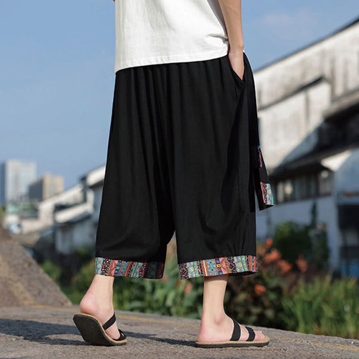 Buddha Stones夏 エスニック 7-8丈 クロップド丈 コットン メンズ ワイドレッグパンツ ポケット付き