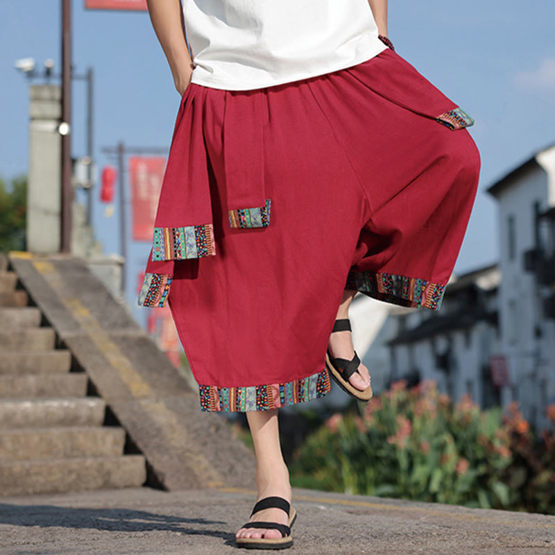 Buddha Stones夏 エスニック 7-8丈 クロップド丈 コットン メンズ ワイドレッグパンツ ポケット付き