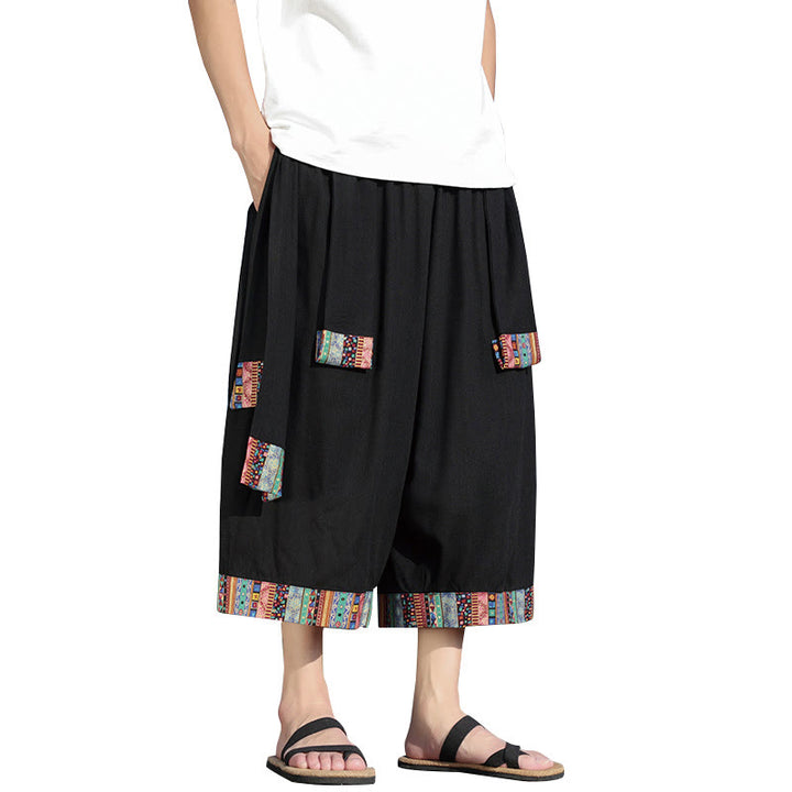 Buddha Stones夏 エスニック 7-8丈 クロップド丈 コットン メンズ ワイドレッグパンツ ポケット付き