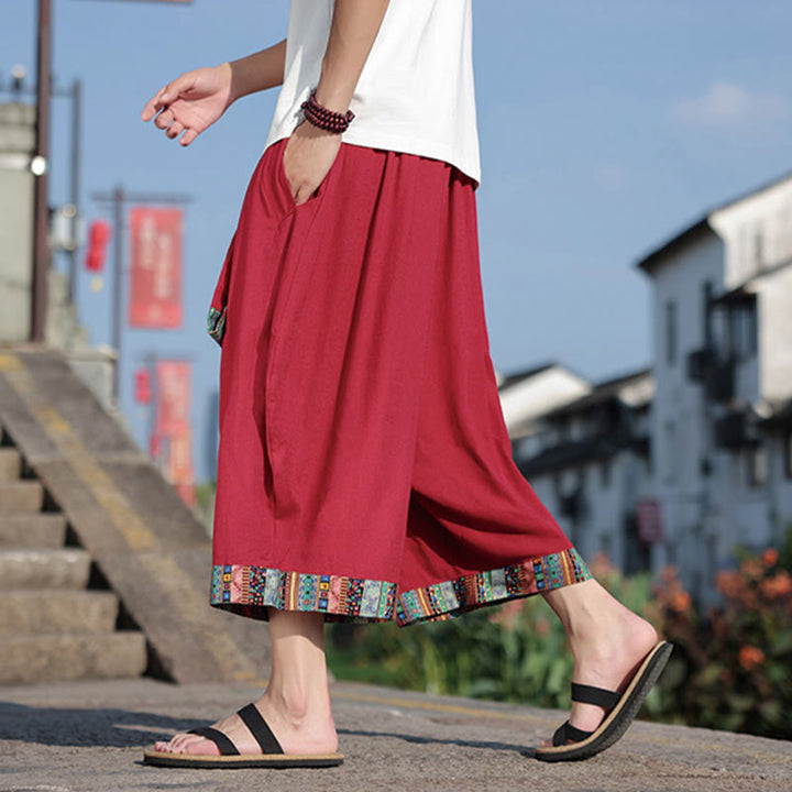 Buddha Stones夏 エスニック 7-8丈 クロップド丈 コットン メンズ ワイドレッグパンツ ポケット付き