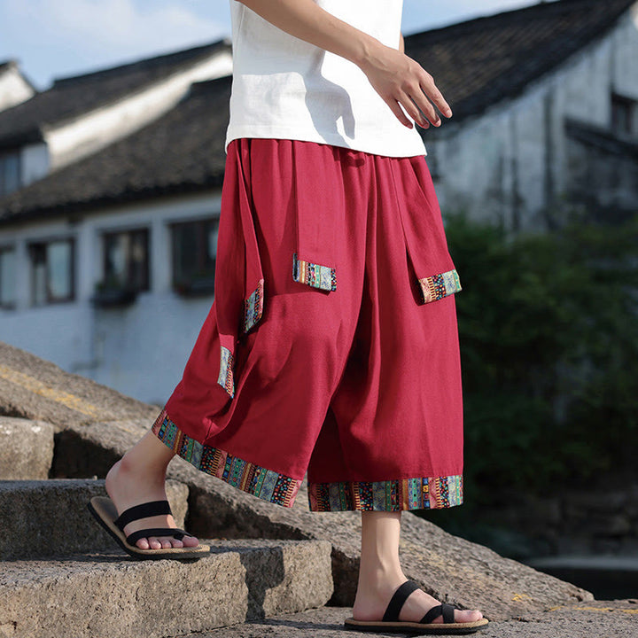 Buddha Stones夏 エスニック 7-8丈 クロップド丈 コットン メンズ ワイドレッグパンツ ポケット付き