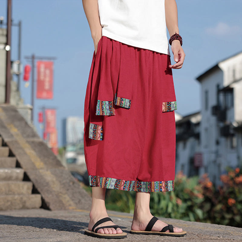 Buddha Stones夏 エスニック 7-8丈 クロップド丈 コットン メンズ ワイドレッグパンツ ポケット付き